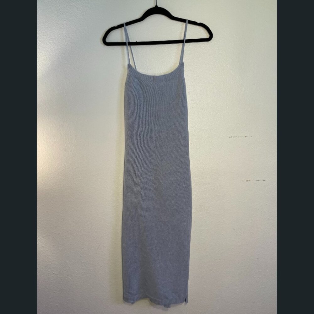 Blue Knit Lace-Up Midi Dres